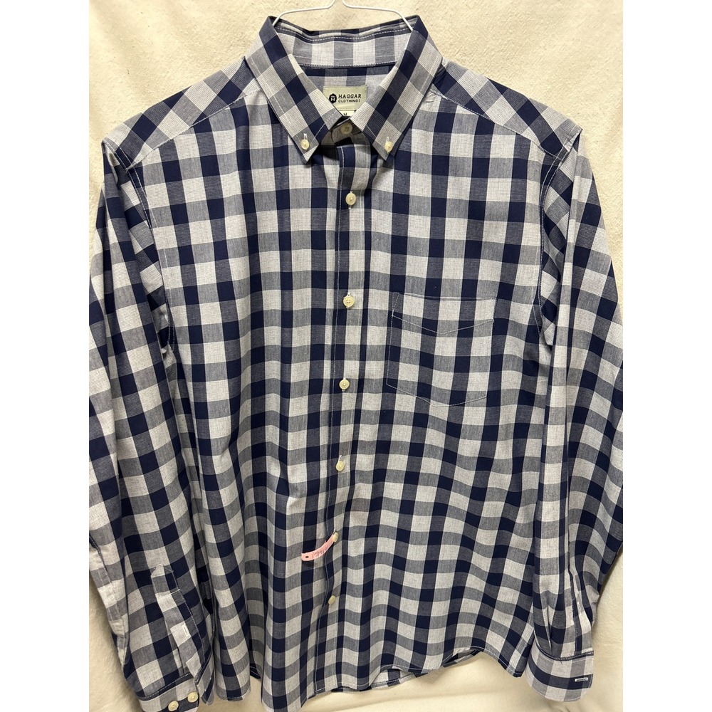 Haggar Mens Navy Blue White Gingham Check Button Down Shirt Long Sleeve Medium